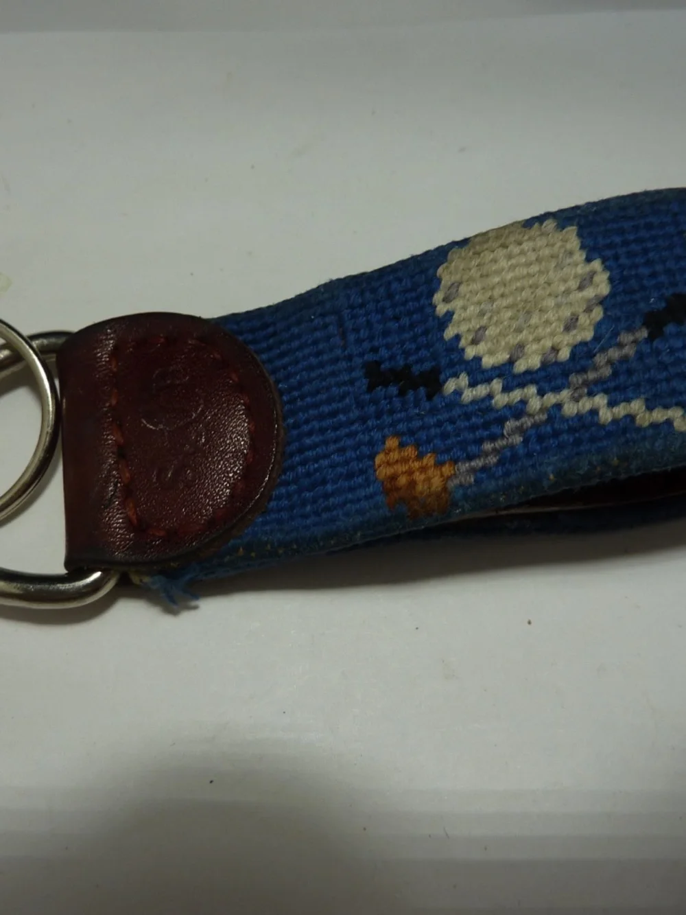 S&B VINTAGE Leather Keychain Strap with Woven GOLF Design- Blue and White 3''